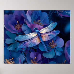 Schillernde Libelle Farbige Blumen Poster