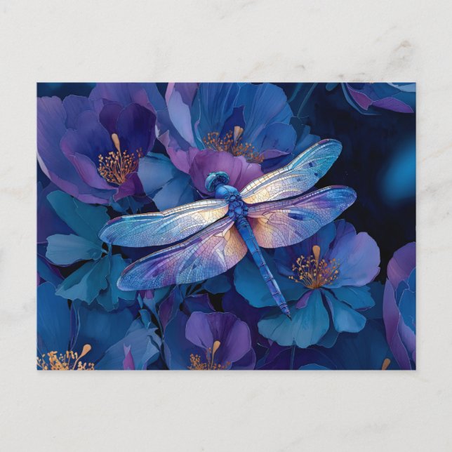 Schillernde Libelle Farbige Blumen Postkarte (Vorderseite)