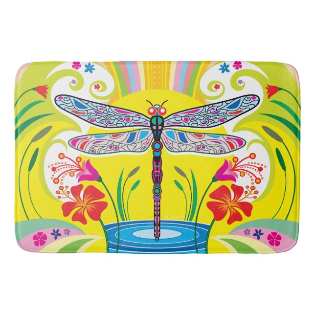 Schillernde Libelle und Wildblumen Badematte (Vorderseite)