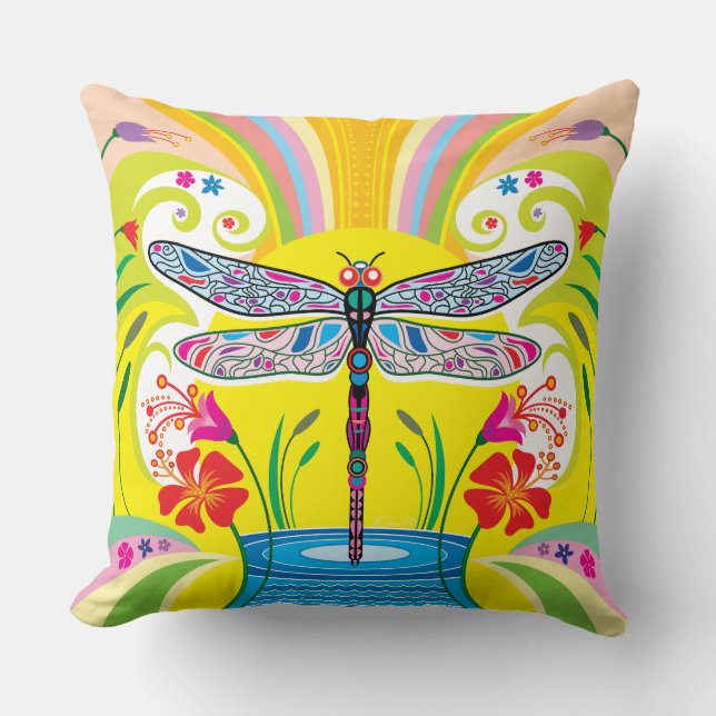 Schillernde Libelle und Wildblumen Kissen (Vorderseite)