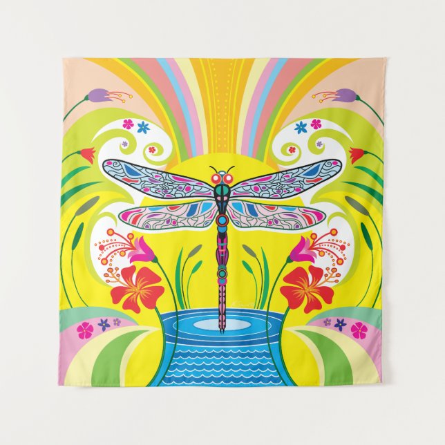 Schillernde Libelle und Wildblumen Wandteppich (Vorderseite)