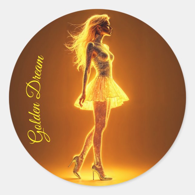 Schillernde Schönheit in stilvoller goldener Kleid Runder Aufkleber (Vorderseite)