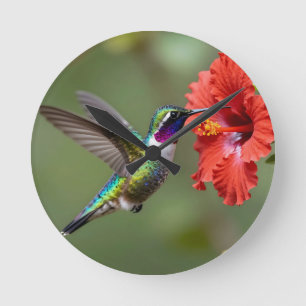 Schillerndes Kolibri-Hibiskus-Blumenporträt Runde Wanduhr
