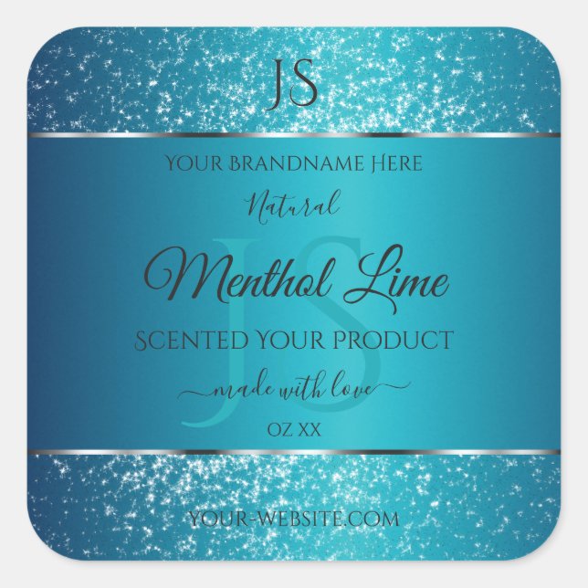 Schimmerly Aquamarin mit Glitzer Initials Product  Quadratischer Aufkleber (Vorderseite)