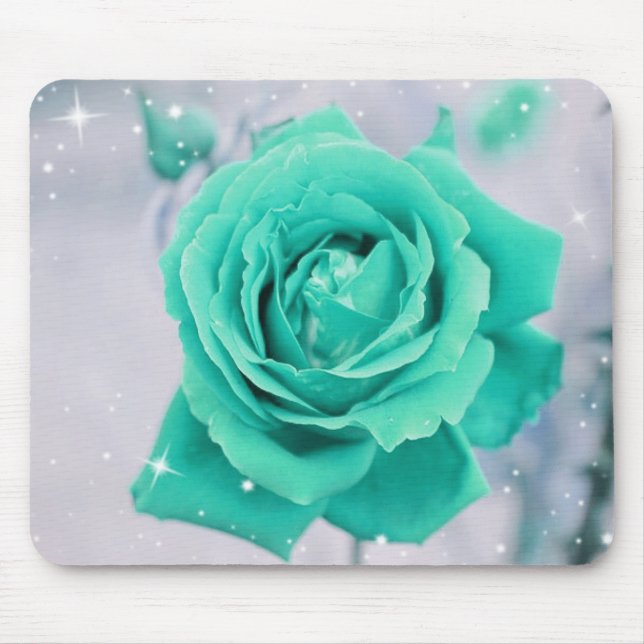 Schimmernde aquamarine Rosen-Blume Mousepad (Vorne)