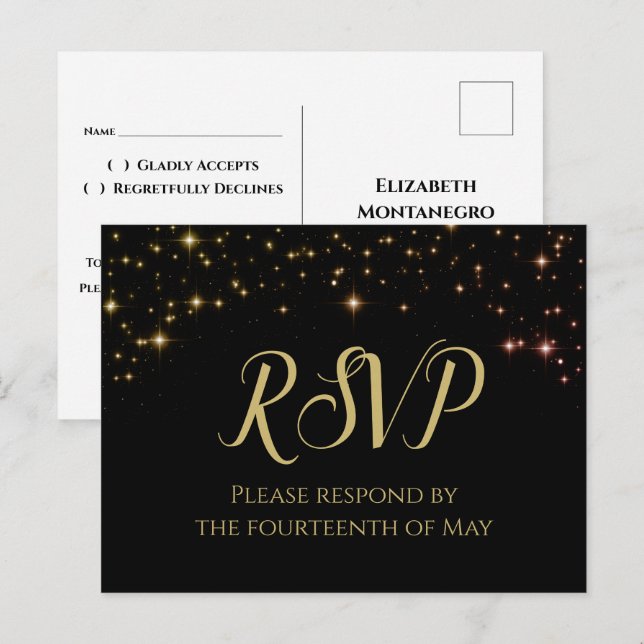 Schimmernde Glitzern Gold & Black Wedding RSVP Postkarte (Vorne/Hinten)