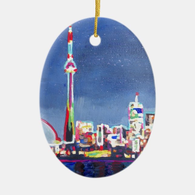 Schimmernde NeonSkyline Torontos mit KN-Turm Keramik Ornament (Vorne)