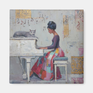 Schimmernde Pianodame Lila Graue Katze Magnet