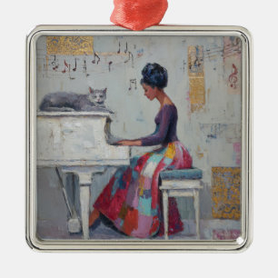 Schimmernde Pianodame Lila Graue Katze Ornament Aus Metall