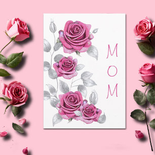 Schimmernde rosa Rosen mit silbernem Muttertag Karte