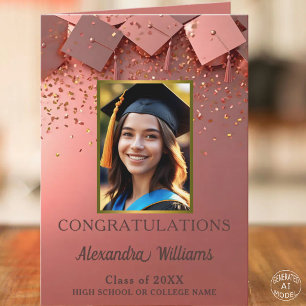 Schimmernde Rose Gold Graduation Caps und Foto Karte