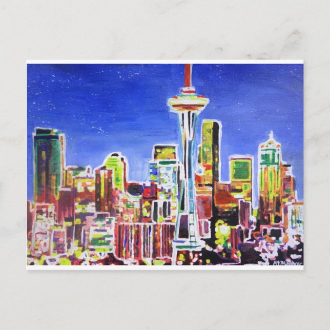Schimmernde Skyline von Seattle mit Space Needle Postkarte (Vorderseite)