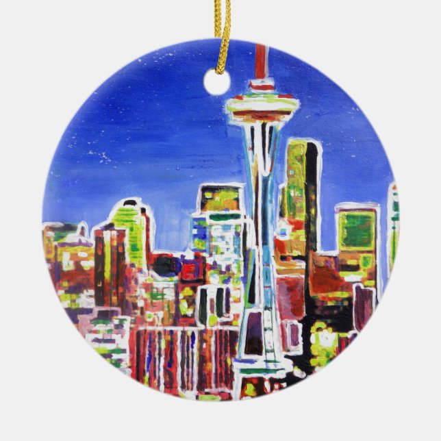 Schimmernde Skyline von Seattle mit Weltraumnadel Keramik Ornament (Vorne)