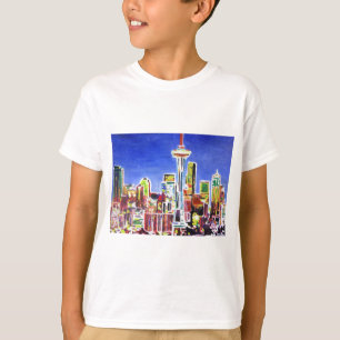 Schimmernde Skyline von Seattle mit Weltraumnadel T-Shirt