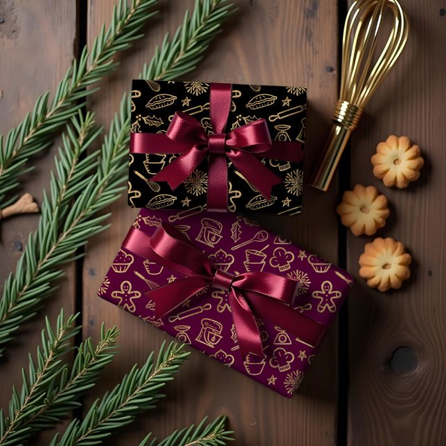 Schimmerndes goldenes Weihnachtsbackmuster Geschenkpapier Set (Shimmering Gold Festive Christmas Baking Pattern Wrapping Paper Sheets)