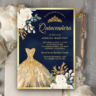 Schimmerndes Kleid Elfenbein Blumen Navy Gold Quin Einladung