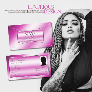 Schimmliges rosa Silberdekor mit Monogramm und Fot Visitenkarte