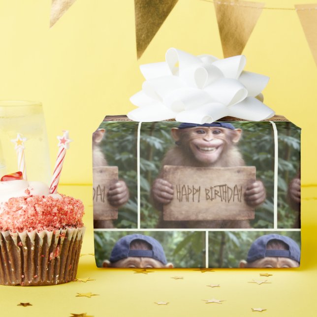 Schimpanse mit Happy Birthday-Schild Geschenkpapier (Geburtstagsparty)