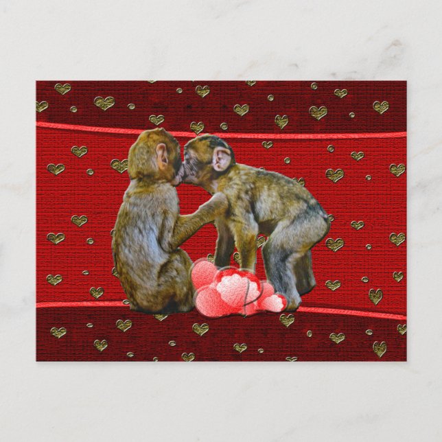 Schimpansen küssen Schwimmende Herzen Postkarte (Vorderseite)