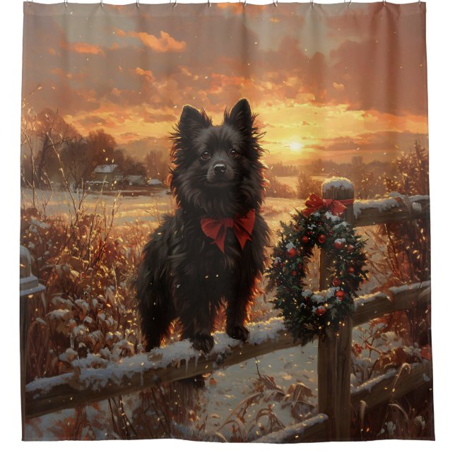 Schipperke Dog Rustic Winter Sunset Duschvorhang (Vorderseite)
