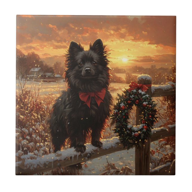 Schipperke Dog Rustic Winter Sunset Fliese (Vorderseite)