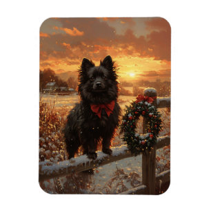 Schipperke Dog Rustic Winter Sunset Magnet