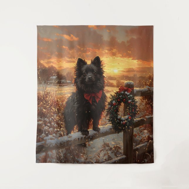 Schipperke Dog Rustic Winter Sunset Wandteppich (Vorderseite)