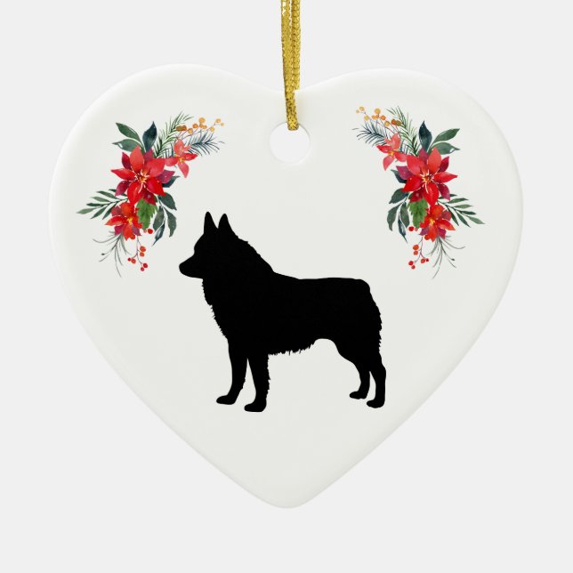 Schipperke-Silhouette mit Name Poinsettia Keramik Ornament (Vorne)