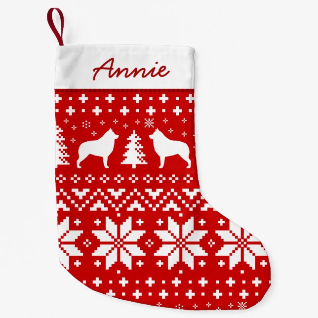 Schipperke Silhouetten Hunde Holiday Pattern Red Kleiner Weihnachtsstrumpf (Vorderseite)