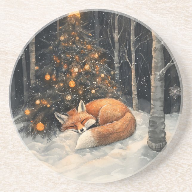 Schlaf Fox Whimsical Rustikale Weihnachten Getränkeuntersetzer (Vorne)