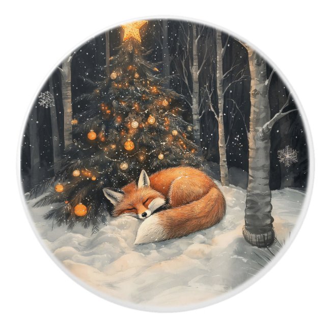 Schlaf Fox Whimsical Rustikale Weihnachten Keramikknauf (Vorderseite)