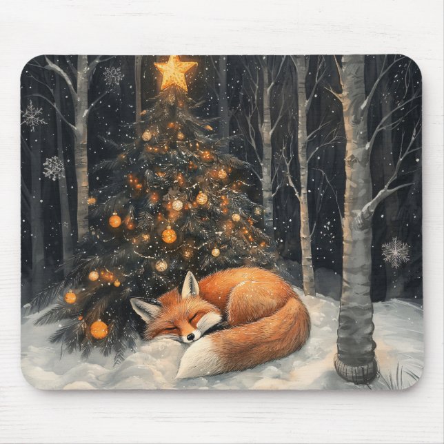 Schlaf Fox Whimsical Rustikale Weihnachten Mousepad (Vorne)