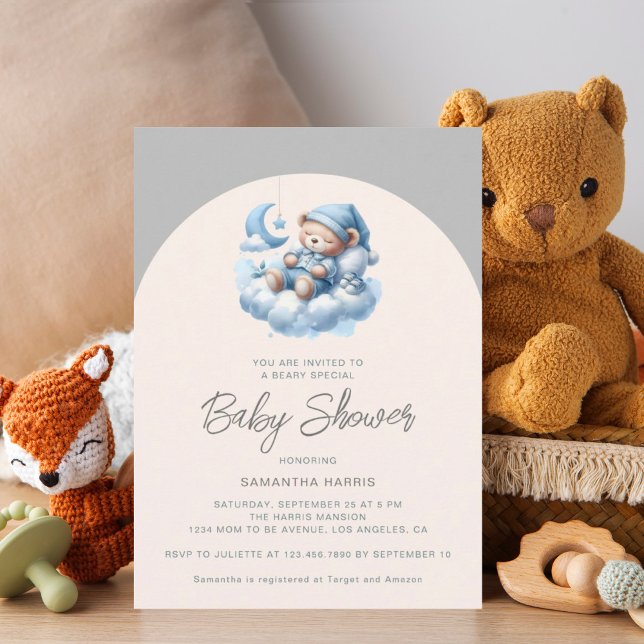 Schlafbär auf Cloud-Blue & Grey-Jungen-Babydusche Einladung (Von Creator hochgeladen)