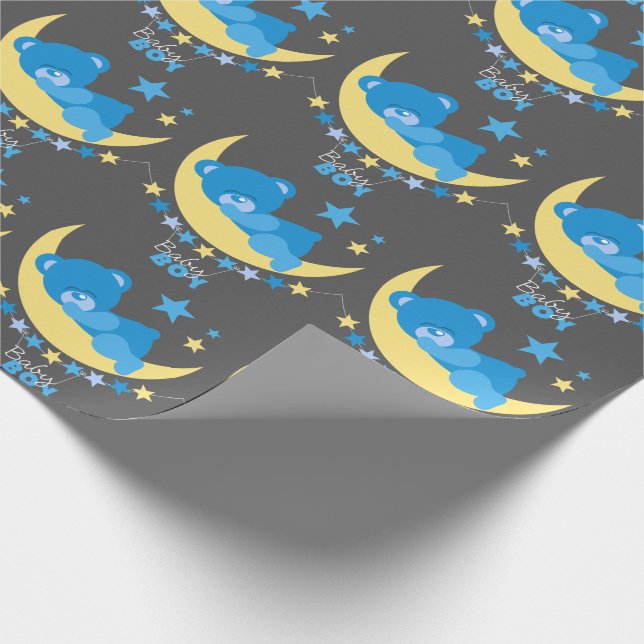 Schlafen Baby Boy Teddy Bear auf Moon Pattern Geschenkpapier (Ecke)