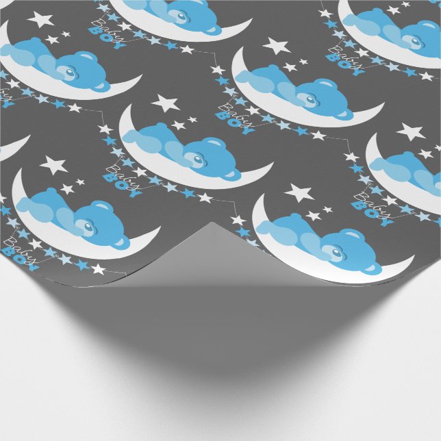 Schlafen Baby Boy Teddy Bear auf Moon Pattern Geschenkpapier (Ecke)