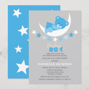 Schlafen Blue Boy Teddy Bear auf Moon Baby Dusche Einladung