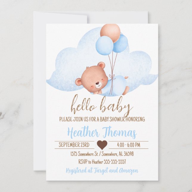 Schlafen Brown Bear and Cloud Baby Dusche Einladung (Vorderseite)