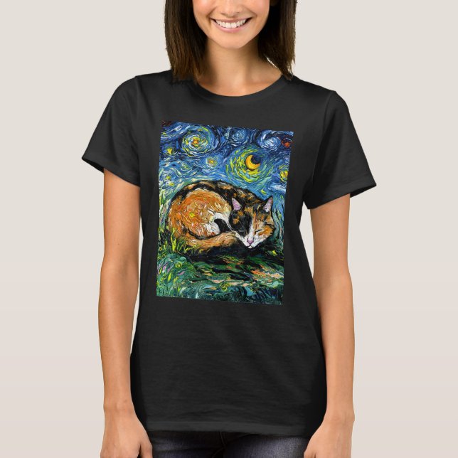 Schlafen Calico Cat Starry Night Animal Pet Kunst, T-Shirt (Vorderseite)