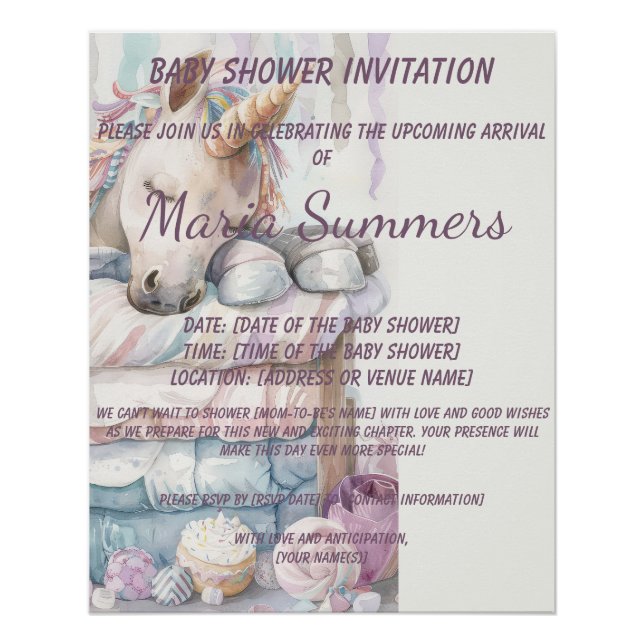 Schlafen Einhorn Wasserfarbe Pastel Babydusche Poster (Vorderseite)