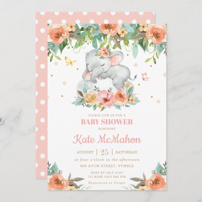 Schlafen Elephant Peach Pink Floral Baby Dusche Einladung (Vorne/Hinten)