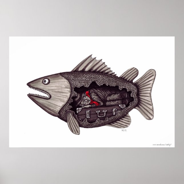 Schlafen in der Fisch surreal Schwarz-Weiß-Kunst Poster (Vorne)
