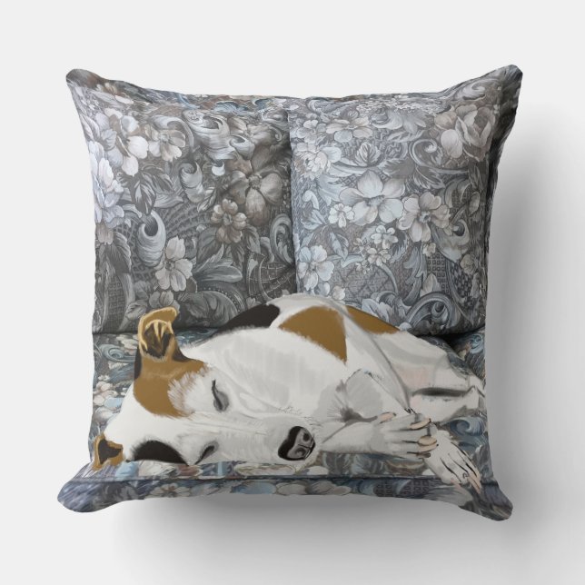 Schlafen Jack Russell auf einem Blue Floral Sofa Kissen (Vorderseite)