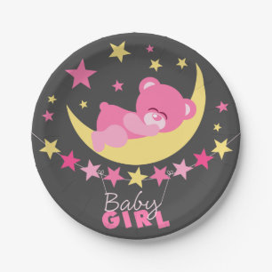 Schlafen Pink Girl Teddy Bear auf Mond Babydusche Pappteller