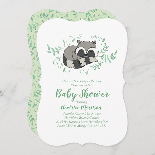 Schlafen Raccoon Babydusche Woodland Einladung (Vorne/Hinten)