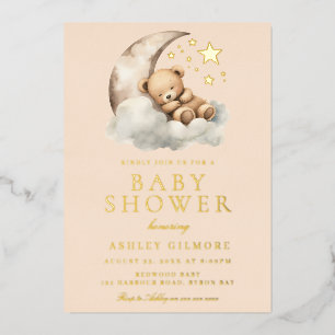 Schlafen Teddy Bär auf dem Mond Baby Dusche Gold Folieneinladung