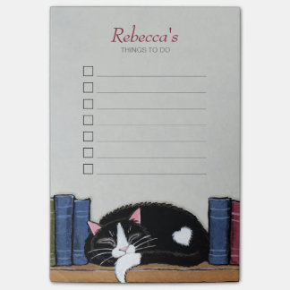 Schlafen Tuxedo-Katze in der virtuellen Bibliothek Post-it Klebezettel