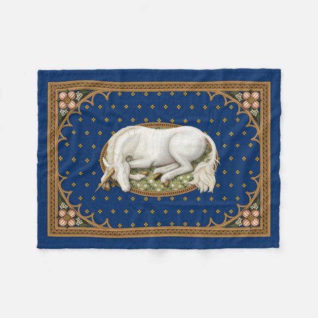 Schlafen Unicorn Royal Blue Medieval Fleecedecke (Vorderseite (Horizontal))