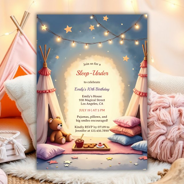 Schlafen unter Niedlichem, gemütlichem Party im In Einladung (Sleep Under Cute Birthday For Girls Cozy Indoor Party Watercolor Birthday Invitation)