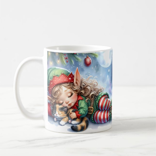 Schlafen Weihnachten Elf mit Calico Kitten Kaffeetasse (Links)
