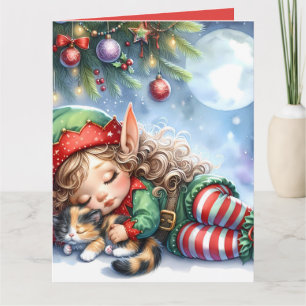 Schlafen Weihnachten Elf mit Calico Kitten Karte